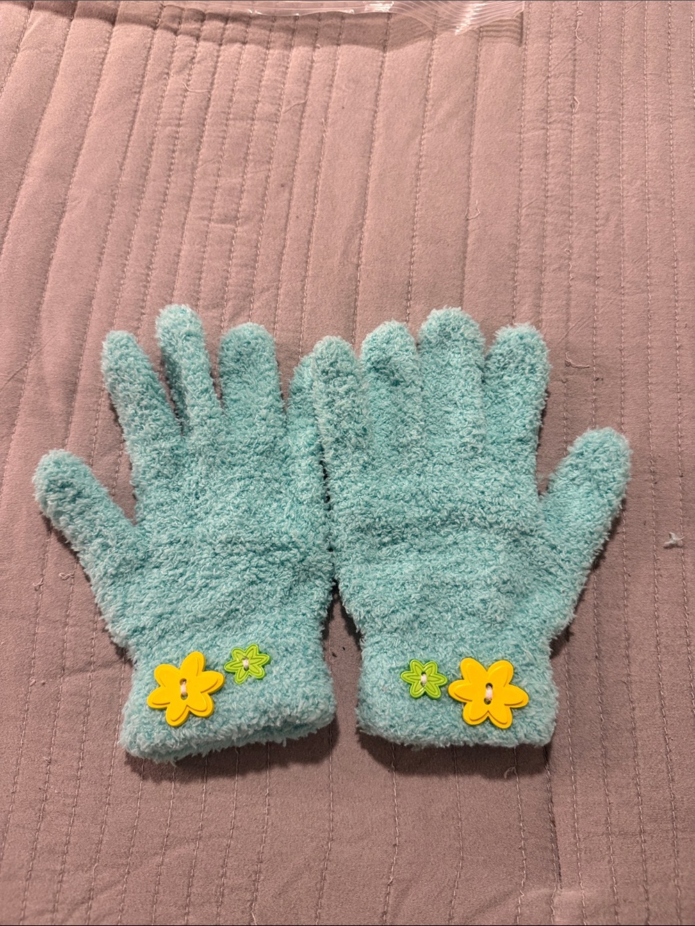 Women,kids Cozy Fuzzy Gloves in Light Aqua with Flower Accents
